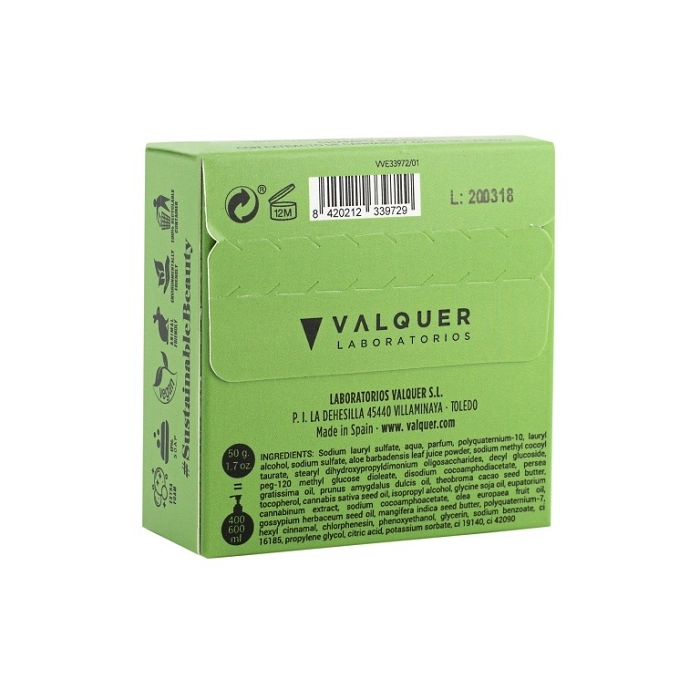 VALQUER CHAMPU SOLIDO HEMP EXTRACTO DE CANNABIS Y ACEITE DE CAÑAMO 50G REF 33972
